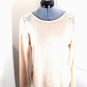 Woman's  Sz Lg/Med Beige/peach Sweater with lace shoulder & Open back